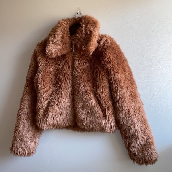 Abercrombie & Fitch Faux Fur Coat Brown Size Small With Collar - Picture 5 of 8